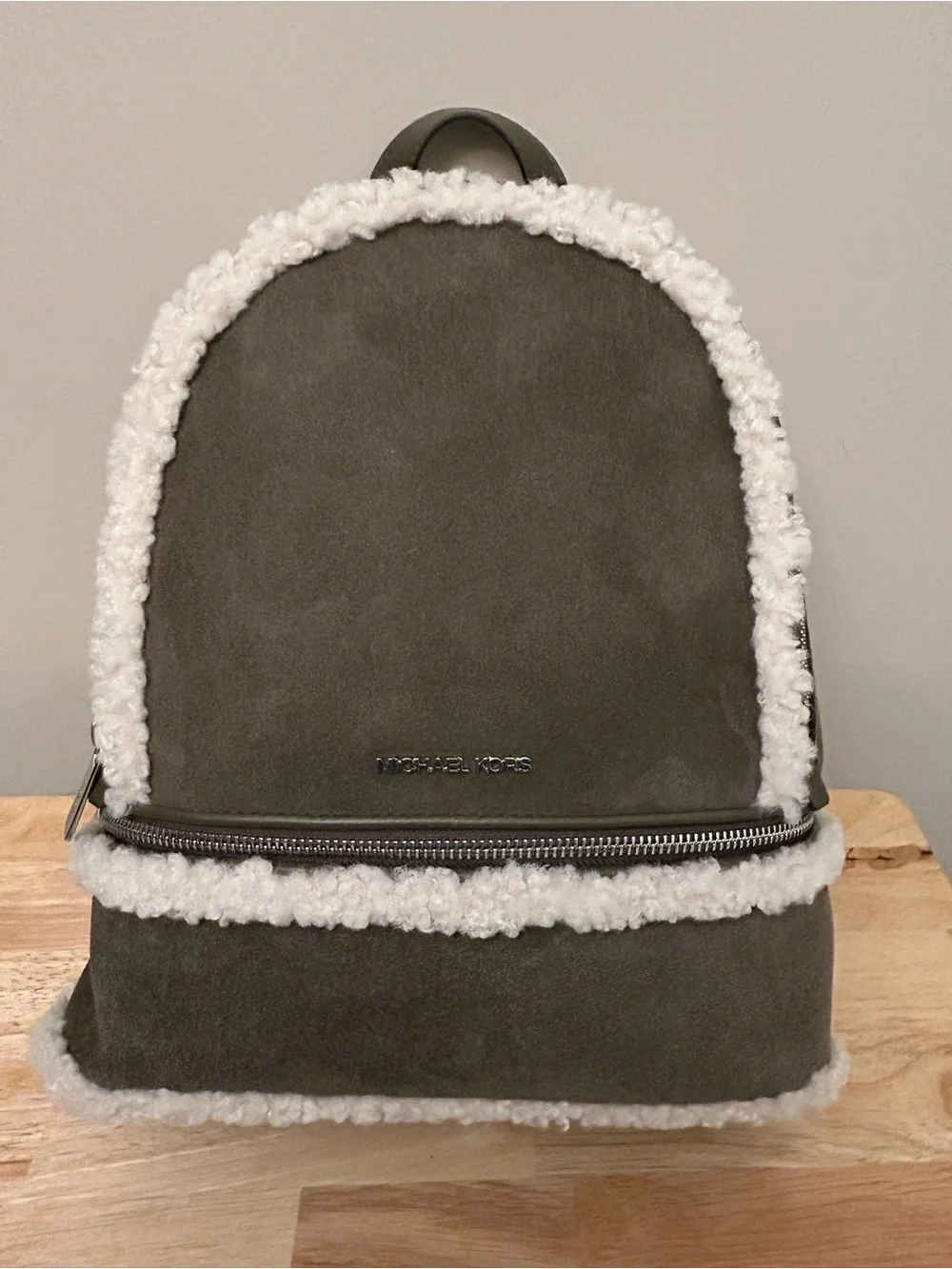 Michael Kors Olive Suede Backpack with Cream Faux Shearling Trim